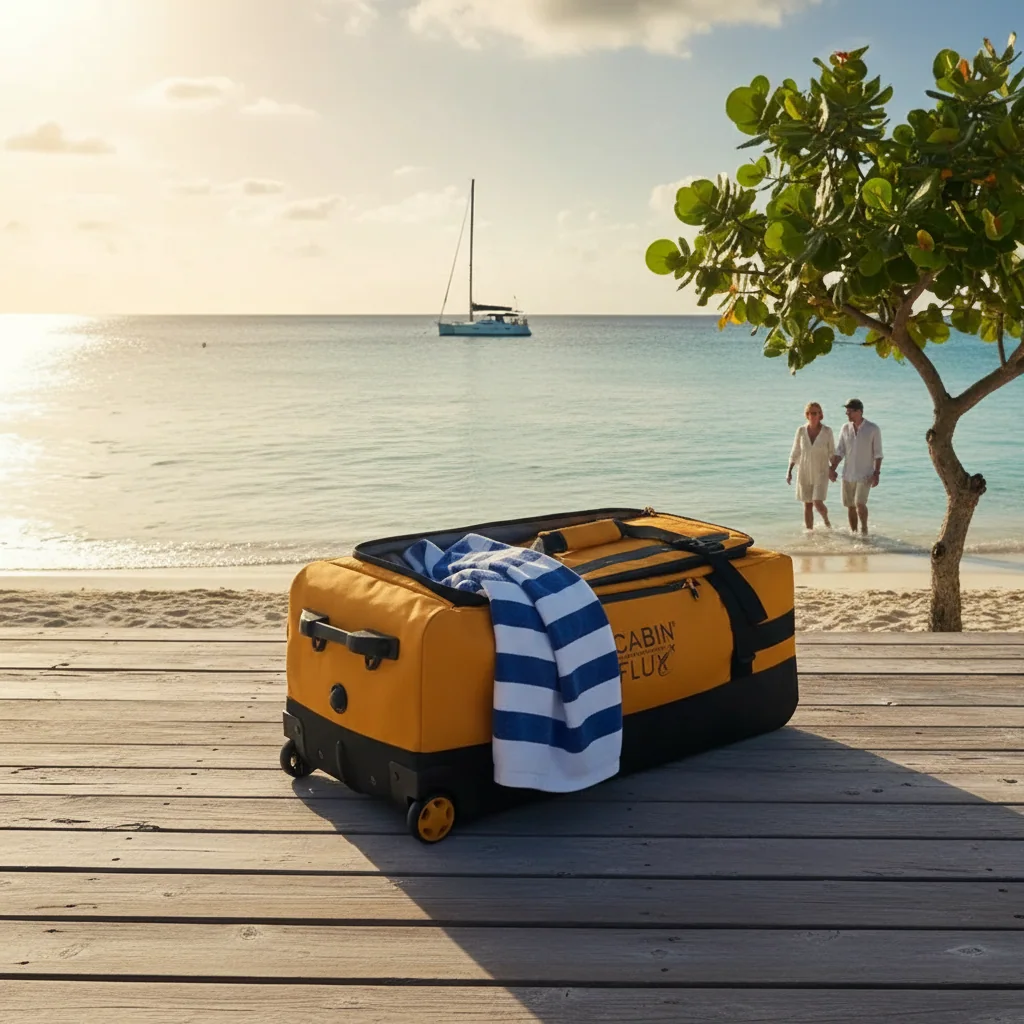 Yellow CABIN FLUX duffel on a wooden beach dock