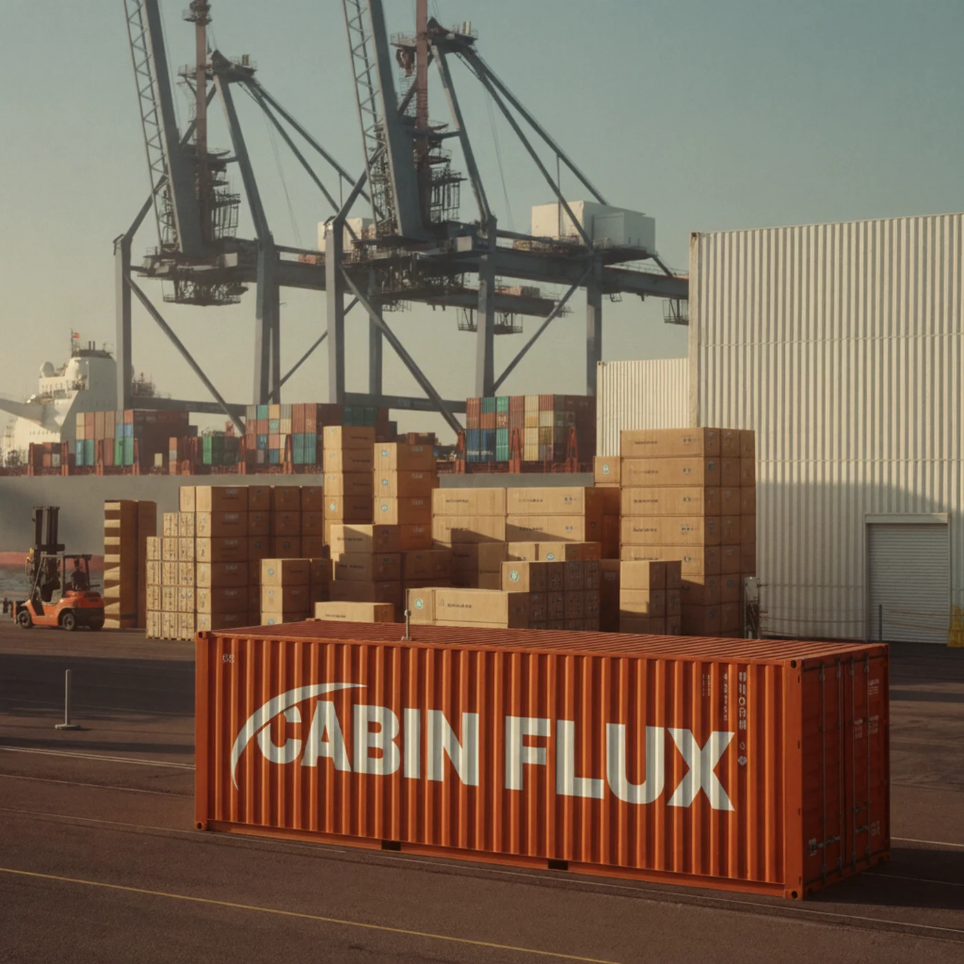 CABIN FLUX branded shipping container at a logistics port with container ship and warehouse