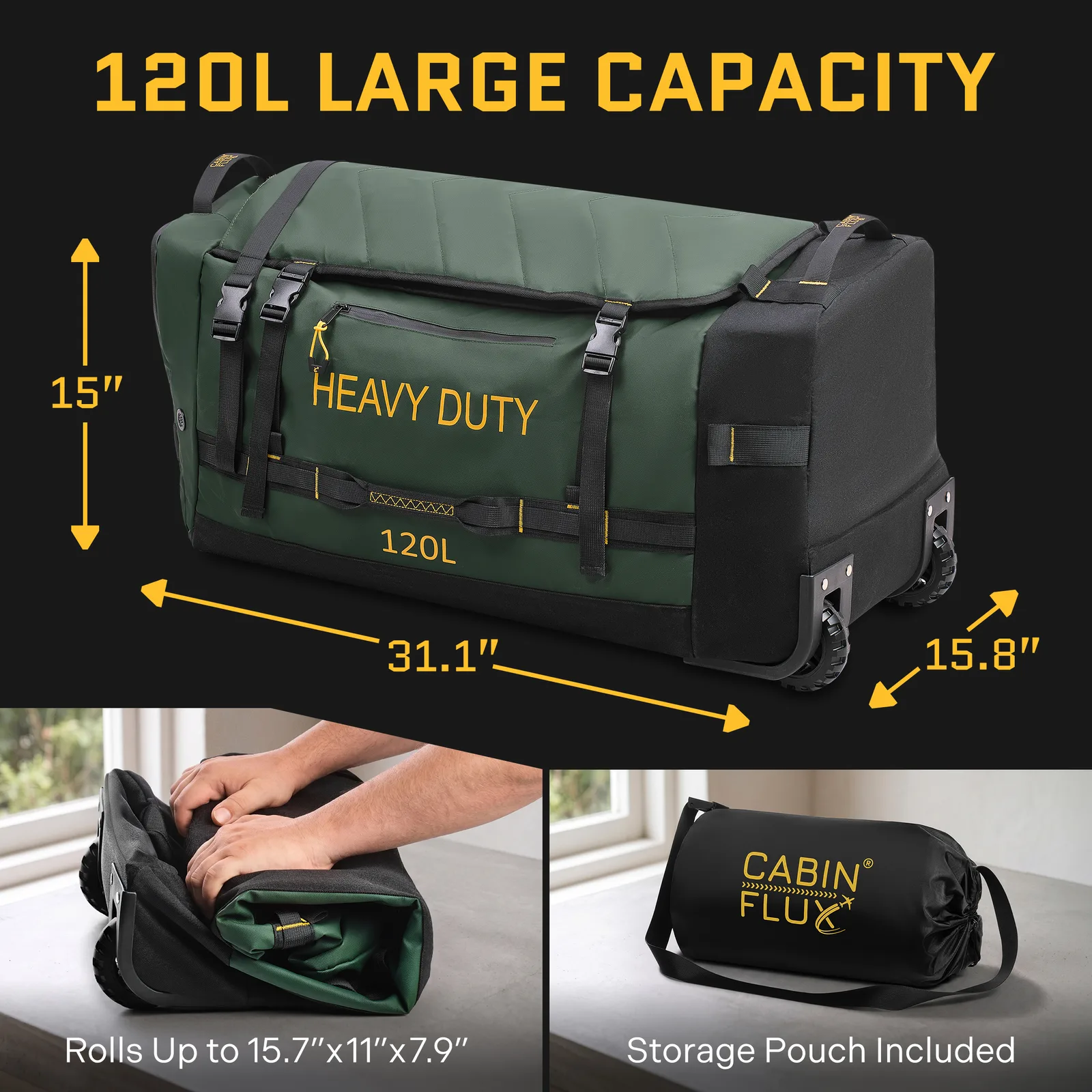 Rolling Duffle 120L dimensions open and folded into its storage pouch