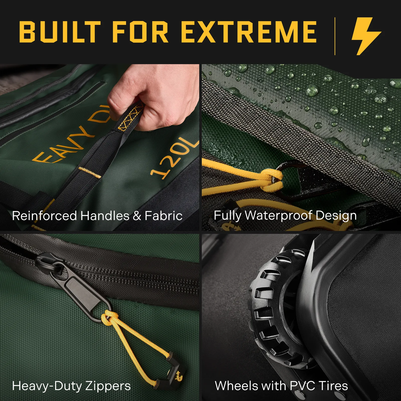 Rolling Duffle 120L waterproof tarpaulin fabric, heavy-duty zippers and rugged wheels