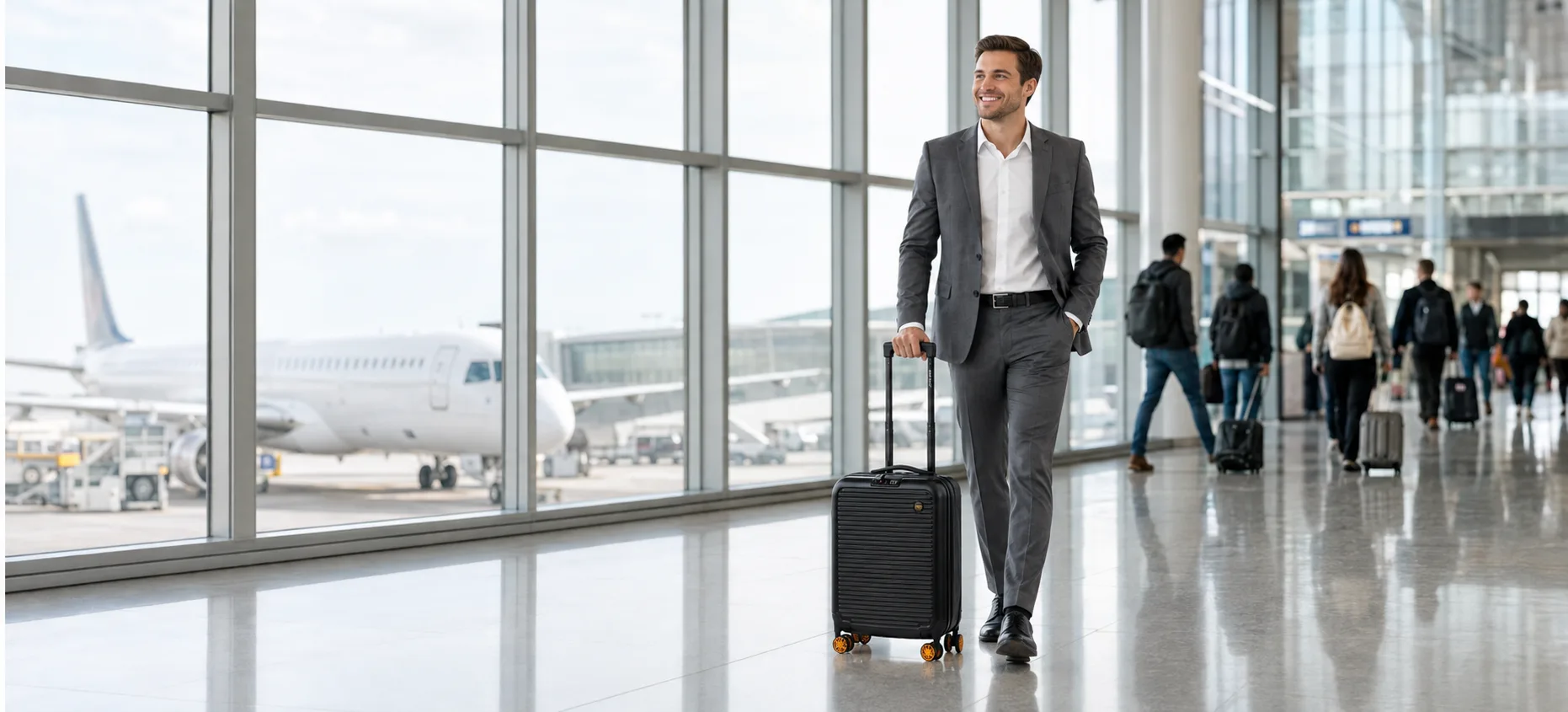 Traveller walking through an airport terminal with the black Mirage 360 foldable carry-on