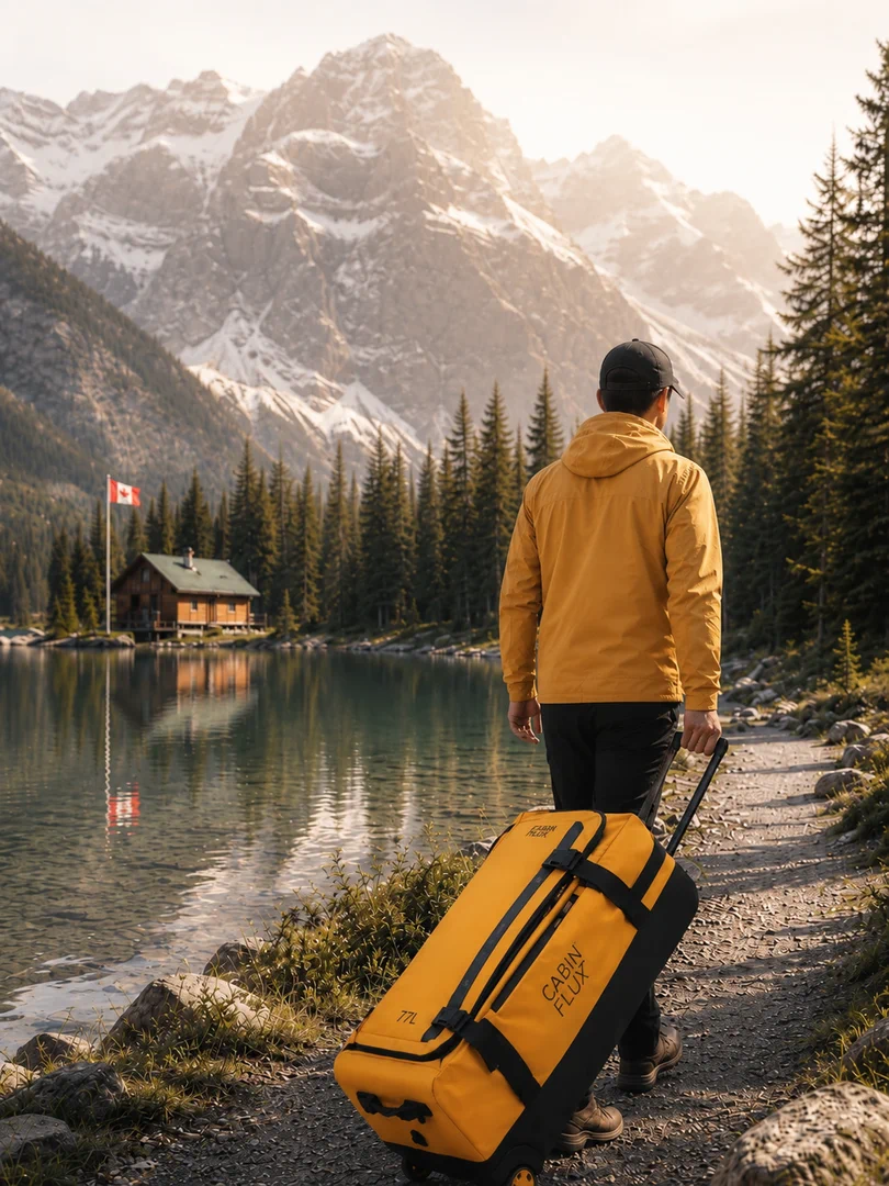 Traveller with the yellow Buffalo wheeled duffel by a Canadian mountain lake